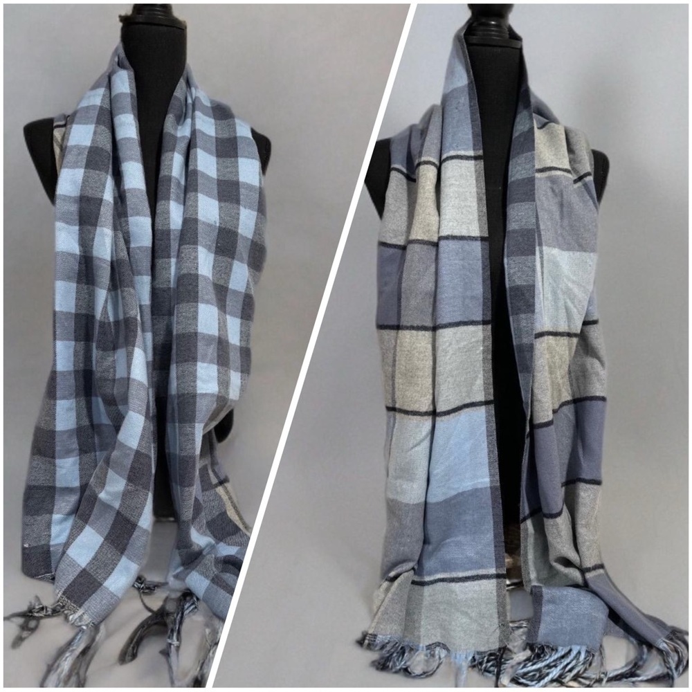 Super SoftDouble sided Plaid & Checked Pattern Blue Toned Long Scarf NEW - Picture 3 of 17